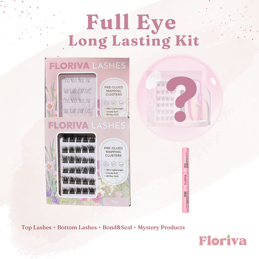 Full Eye Long Lasting Kit: Top & Bottom Lashes + Glue + Free Gift, Lash Map Cluster - Pre-glued Individual Cluster Lashes by Floriva. Natural Lashes Doll Eye Wink Soft & fluffy. Eyelash Extension Daily Gentle Makeup