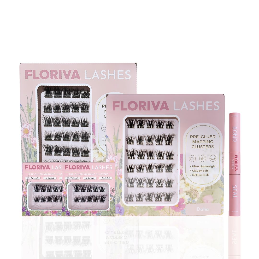 Lash Ultimate Bundle - 2 Full pack pre-glued lashes + 2 Travel Pack + Bond & Seal Glue, Tweezers, Eyelashes Glue, Bond&Seal, Remover, Floriva Lashes