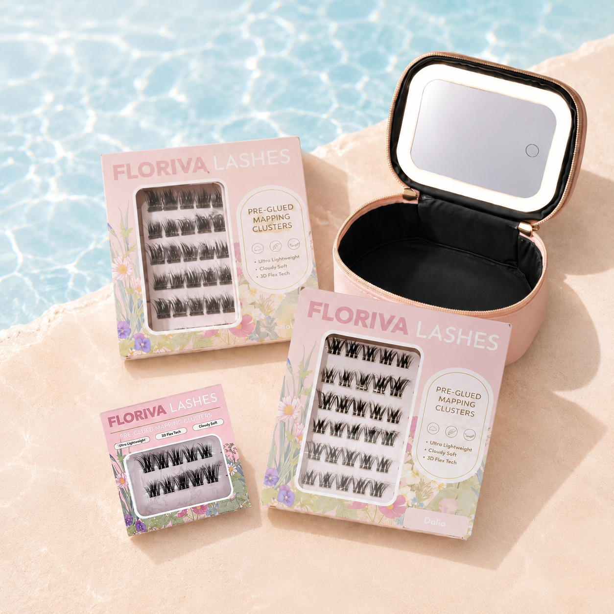 Summer Gift Set: 3 Pack Pre-glued Lashes + Makeup Bag, Lash Map Cluster - Pre-glued Individual Cluster Lashes by Floriva. Natural Lashes Clusters Doll Eye Wink Soft & fluffy. Self adhesive. Eyelash Extension Daily Gentle Makeup, Underlashes