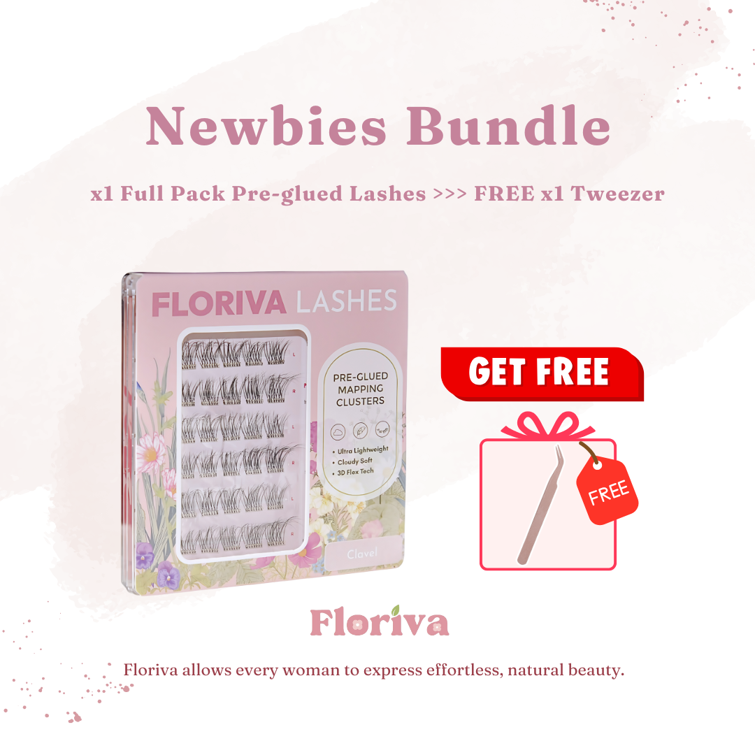 Newbies Bundle, Buy 1 FREE 1 Tweezer, Luxury Pre-glued Individual Cluster Lashes by Floriva . Soft & fluffy. Self adhesive. Eyelash Extension Daily Gentle Makeup, Underlash Style Cosmetic, Lashes Kit Set