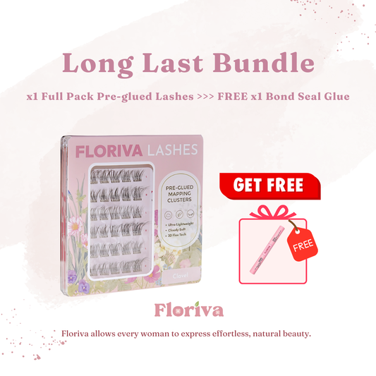 Long Last Bundle, Buy 1 FREE 1 Bond Seal Glue, Luxury Pre-glued Individual Cluster Lashes by Floriva . Soft & fluffy. Self adhesive. Eyelash Extension Daily Gentle Makeup, Underlash Style Cosmetic, Lashes Kit Set