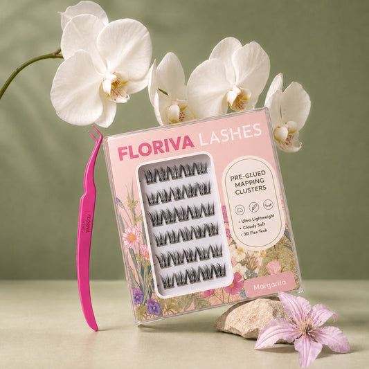 Starter Kit: Full Pack Lashes+FREE Tweezer, Lash Map Cluster - Pre-glued Individual Cluster Lashes by Floriva. Natural Lashes Doll Eye Wink Soft & fluffy. Eyelash Extension Daily Gentle Makeup