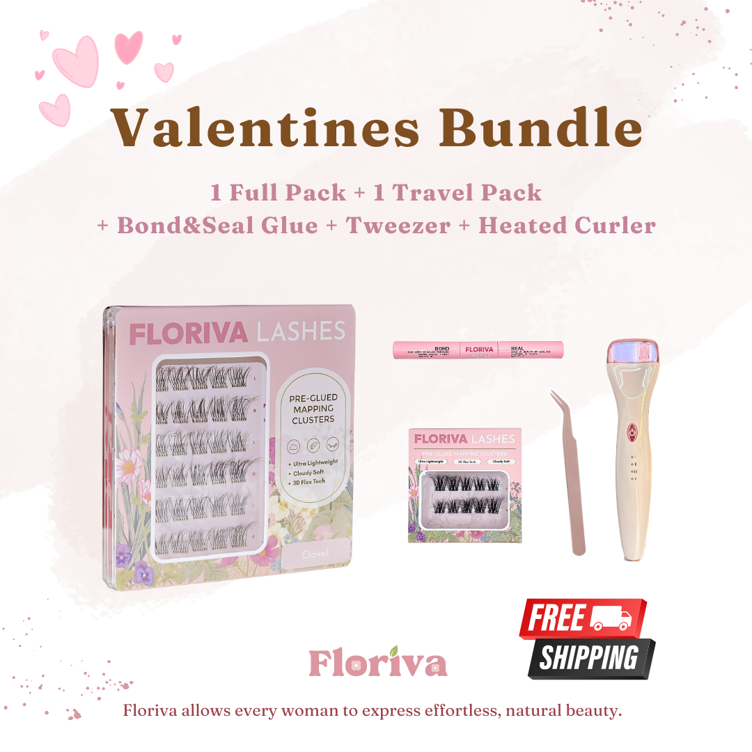 Valentines Bundle, 5 items, FREE SHIPPING- 1 Full Packed Pre-glued Lash+Travel Pack+Tweezer+Bond&Seal Glue+Heated Curler, Luxury Pre-glued Individual Cluster Lashes Soft & Fluffy Self Adhesive Daily Gentle Makeup Underlash Style